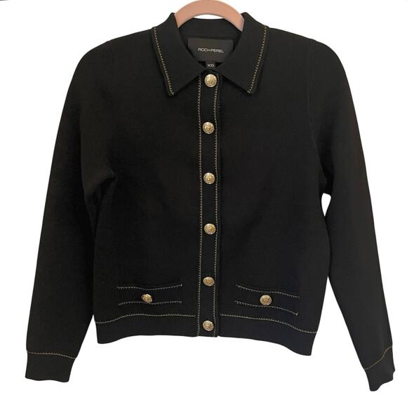 Roch Perel Collared Cardigan XS Black Button Chic Minimalist Quiet Luxury Work - Picture 1 of 10